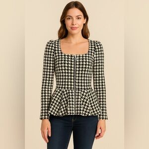 Vintage Betsey Johnson Collection Houndstooth Zip Peplum Jacket Top USA Large D